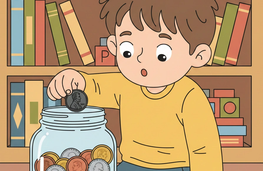 A child finding an old wheat penny in a jar of coins