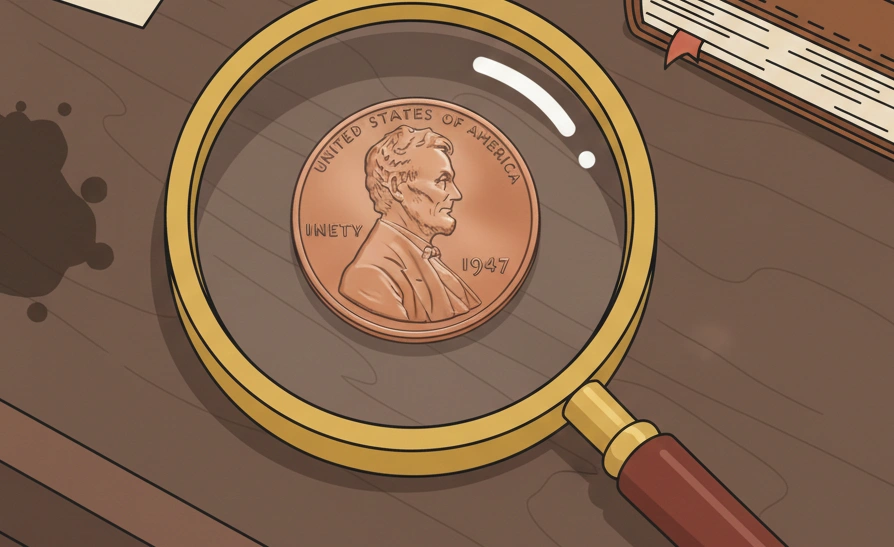 A vintage desk with a 1947 wheat penny under a magnifying glass