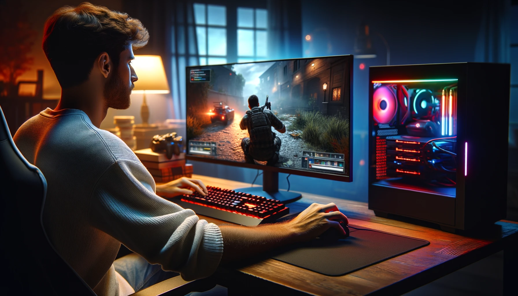 a man focused on the game, seated in front of a computer with visible gaming peripherals like a keyboard, mouse, and monitor displaying gameplay.