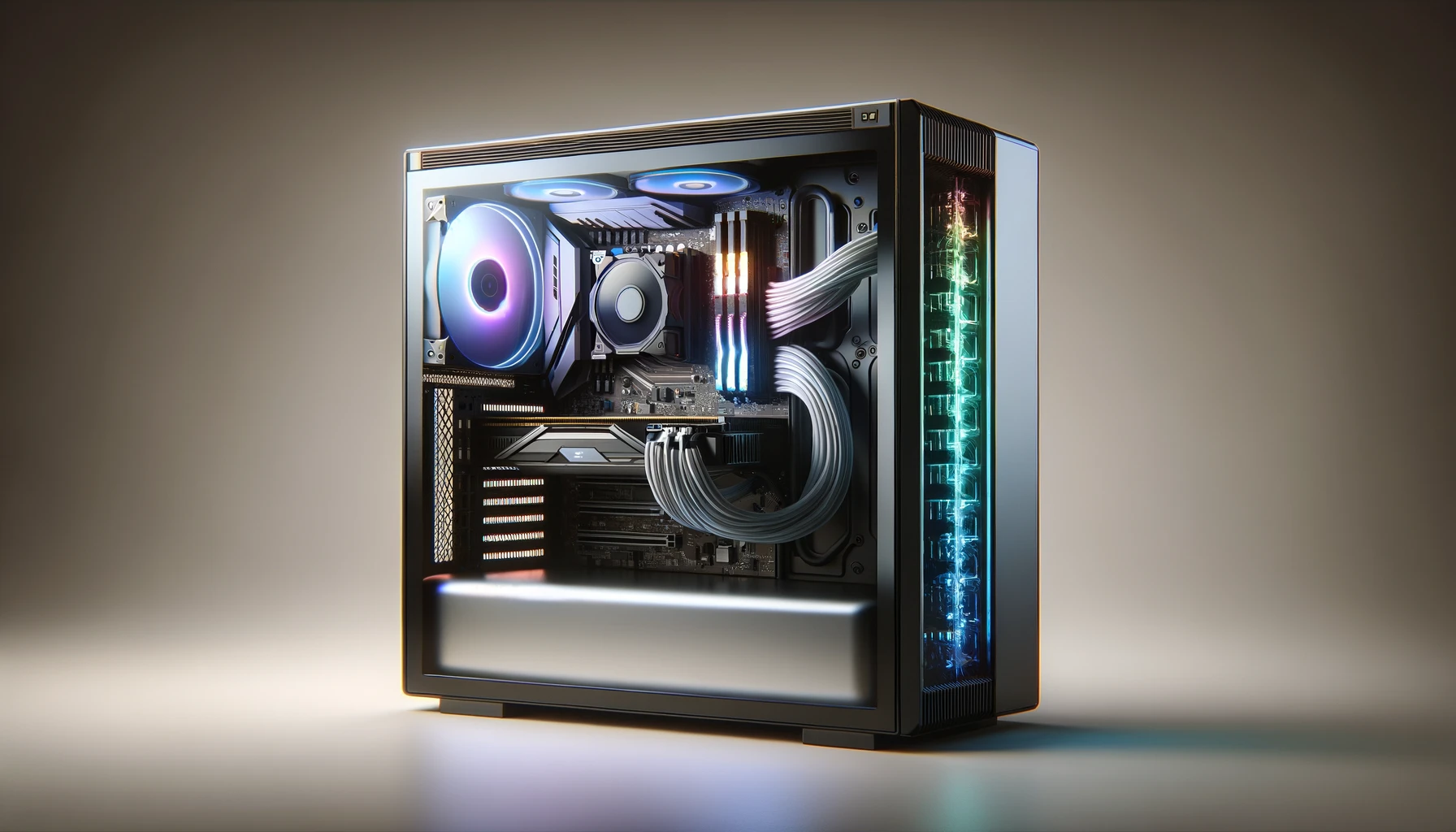 a transparent side panel revealing the internal components such as RGB lighting, graphics card, and cooling system.