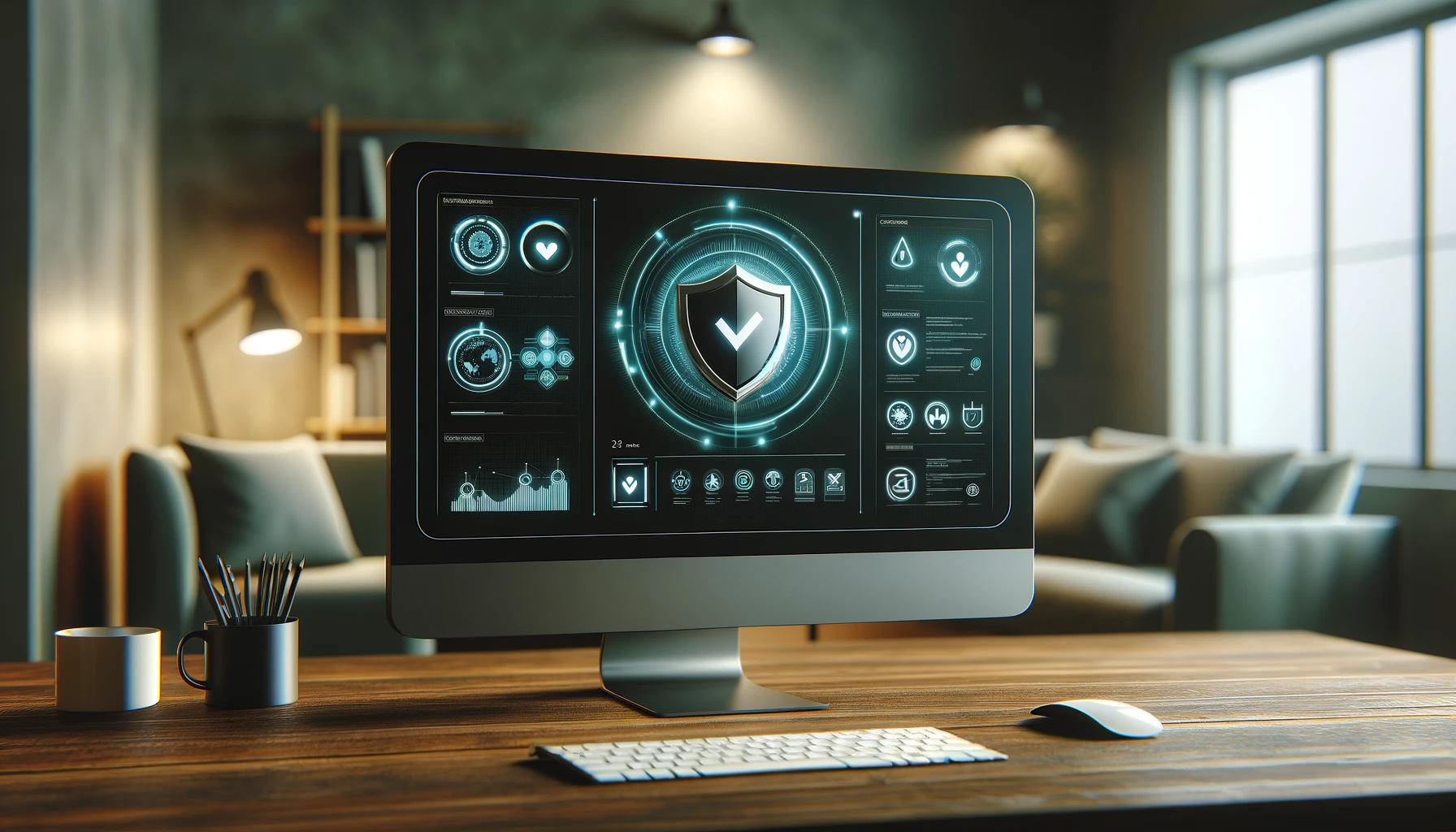 a sleek, modern computer on a desk, displaying a vibrant antivirus program interface with protective symbols and status indicators, in a cozy office setting.
