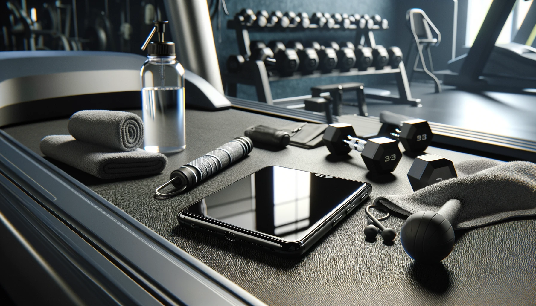 a modern smartphone resting on a piece of gym equipment, surrounded by fitness accessories like dumbbells and a water bottle.