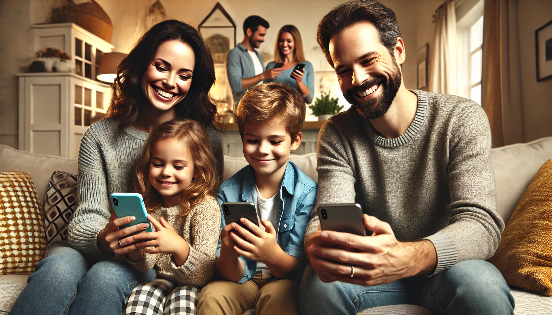 A joyful family of four, sitting on a cozy couch in a warmly lit living room, smiles as they engage with their phones