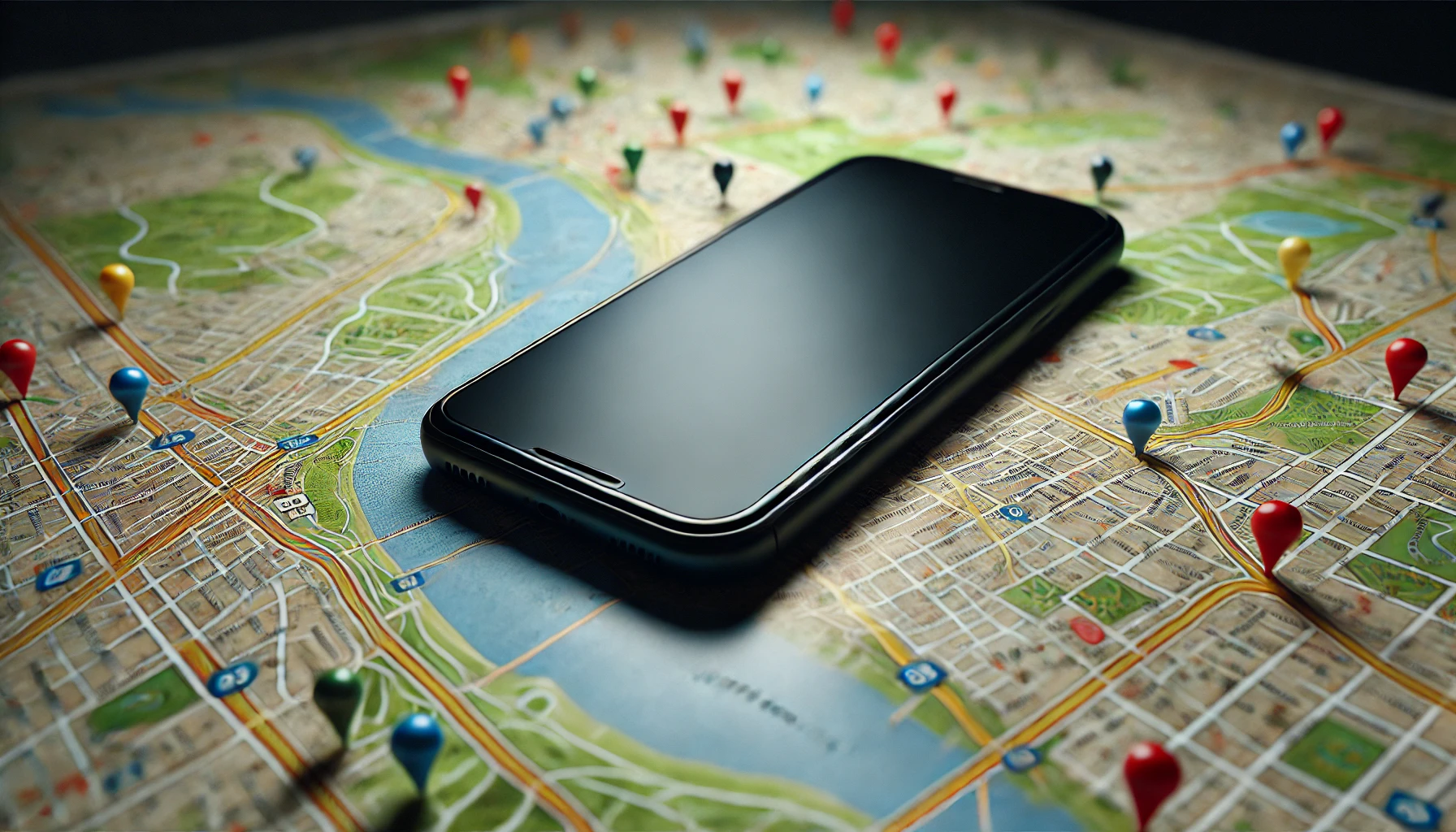 A modern smartphone rests on a detailed map adorned with colorful geotags indicating various points of interest