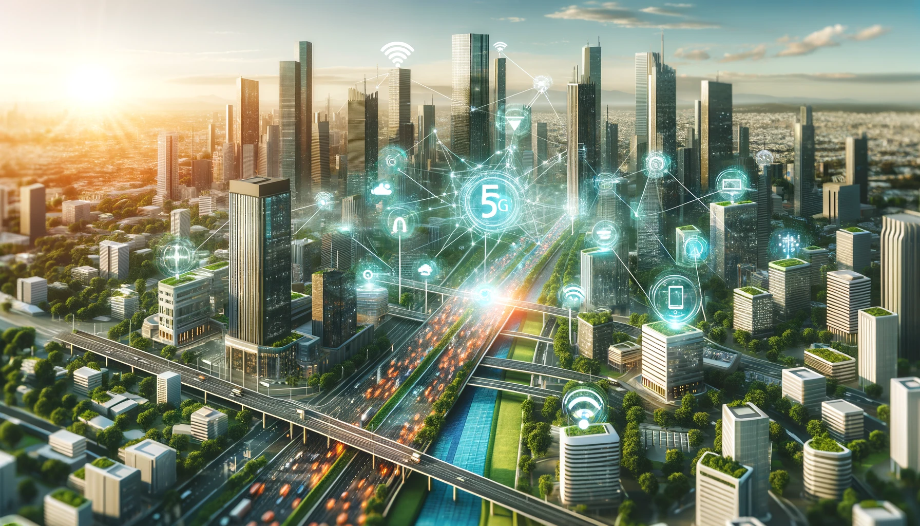 advanced 5G connectivity with smart devices and autonomous vehicles operating seamlessly. 