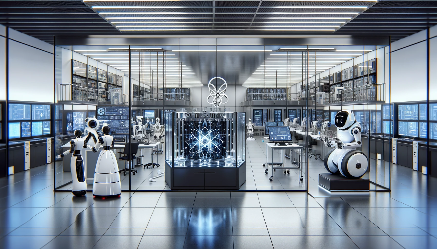  A high-tech laboratory with quantum computers and advanced robotics.