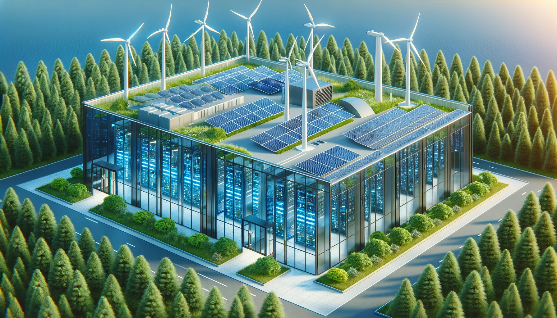 A state-of-the-art data center powered by renewable energy, featuring solar panels and wind turbines.