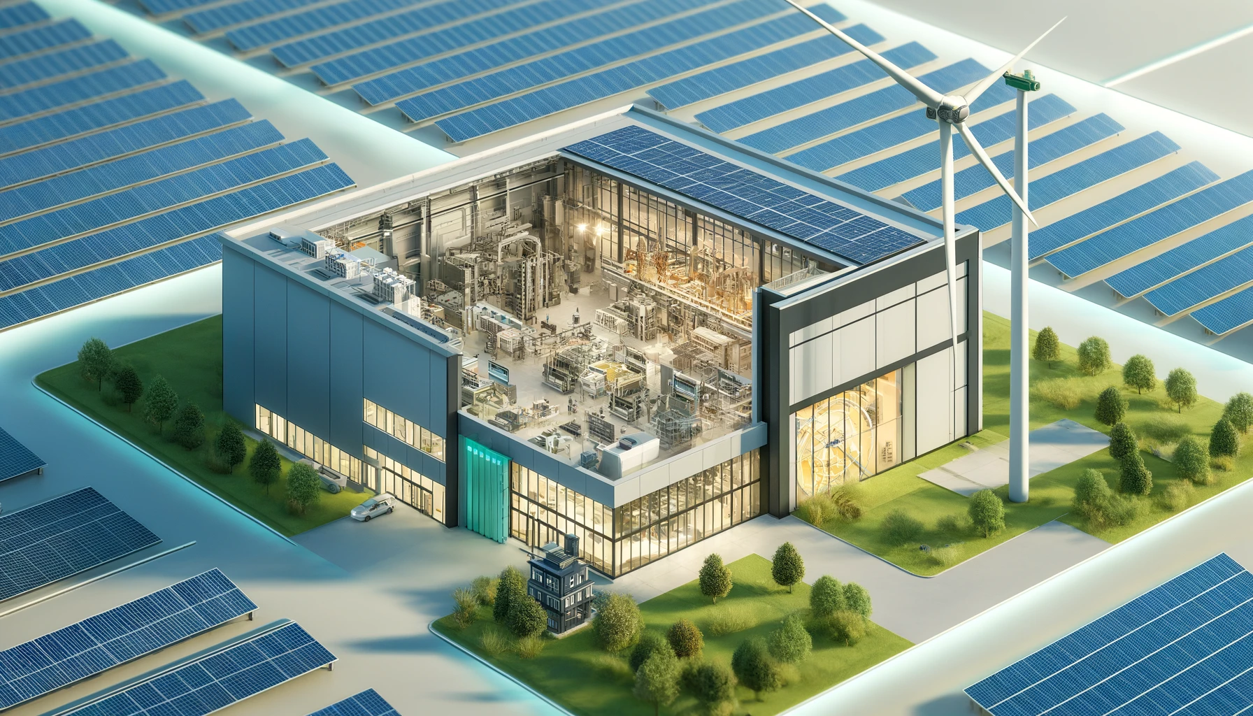 A modern tech manufacturing facility focused on sustainability, featuring clean energy sources like solar panels on the roof and a wind turbine nearby.