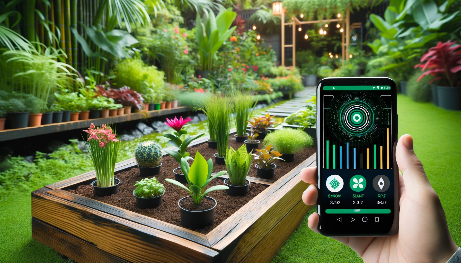 A high-tech garden with various plant identification devices in use, including a smartphone with an identification app and a smart plant sensor in the soil.