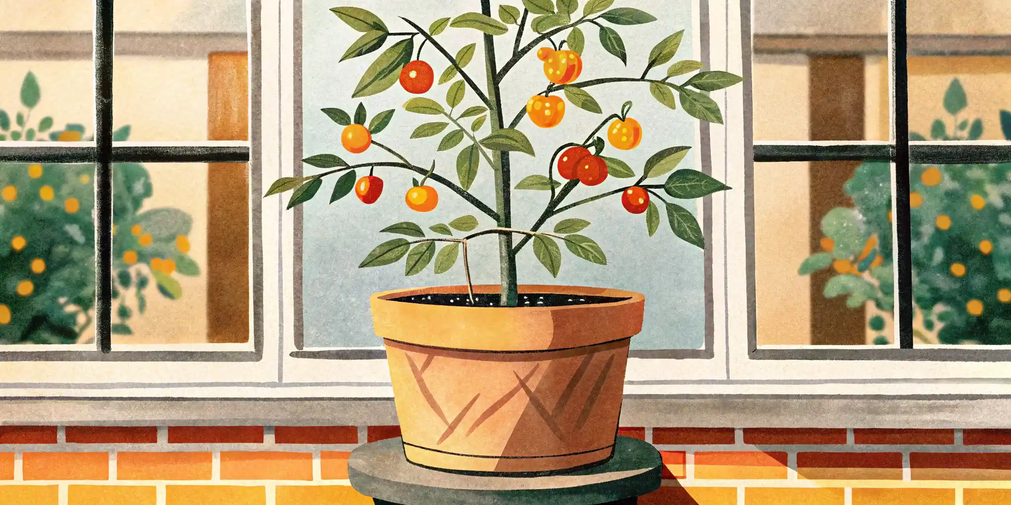 a container with a small tomato bush