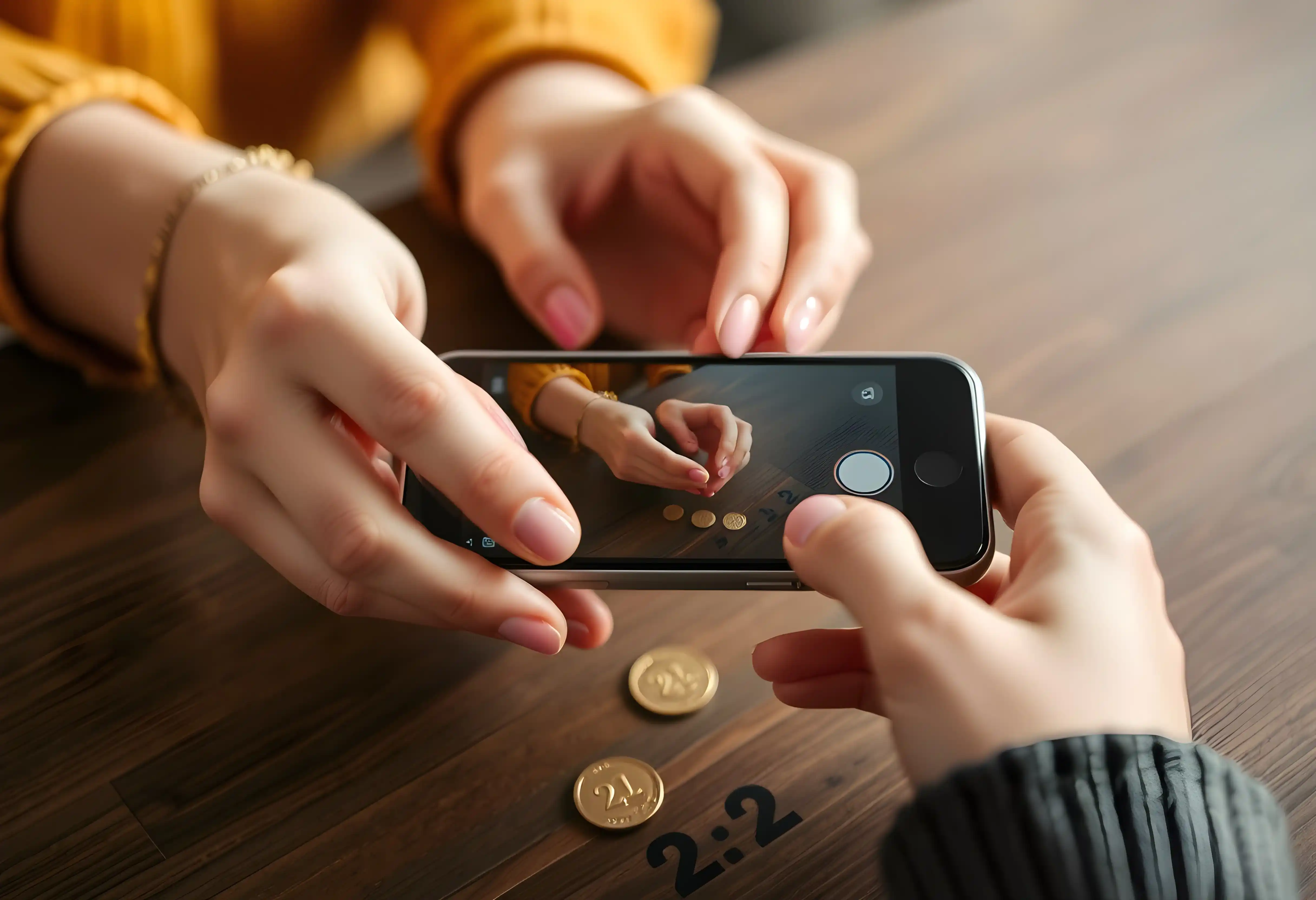 a woman taking picture of two coins with her phone