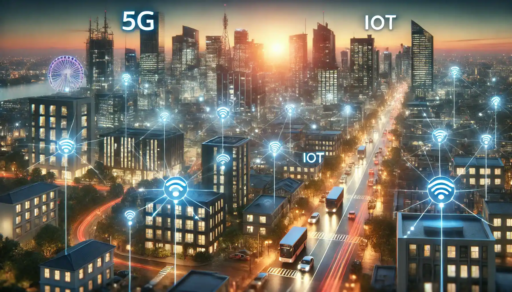 A modern, high-tech cityscape at dusk, showcasing the integration of 5G technology and IoT devices.