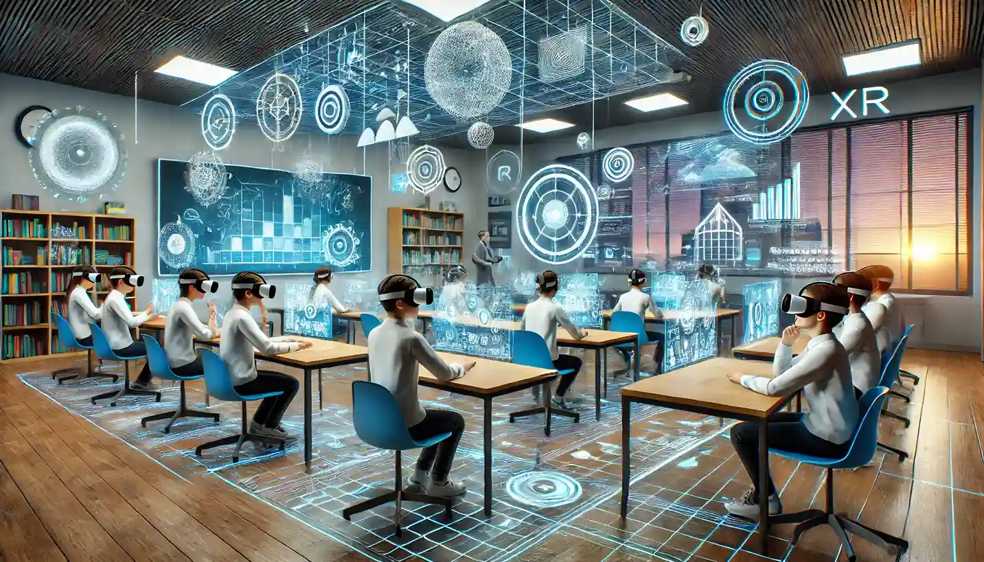 A modern classroom using extended reality (XR) technology, with students interacting with virtual elements.