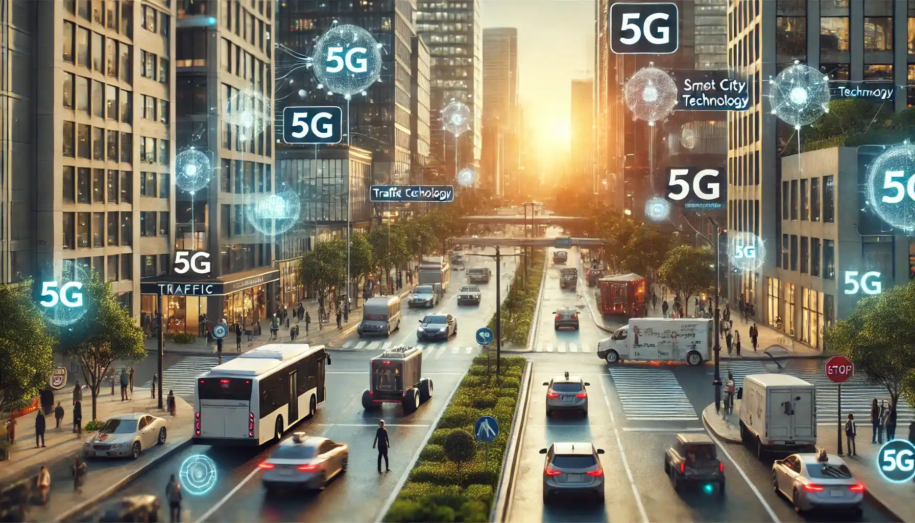 An urban street scene enhanced by 5G technology, featuring advanced traffic management systems, autonomous vehicles, and IoT-enabled buildings.