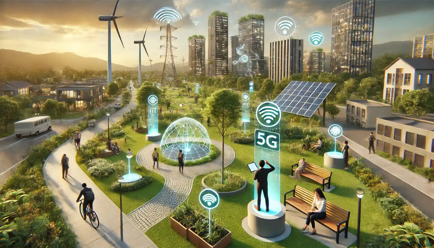 A smart city park with eco-friendly designs like solar panels and wind turbines, where people interact with augmented reality information points, all integrated into a sustainable urban landscape.