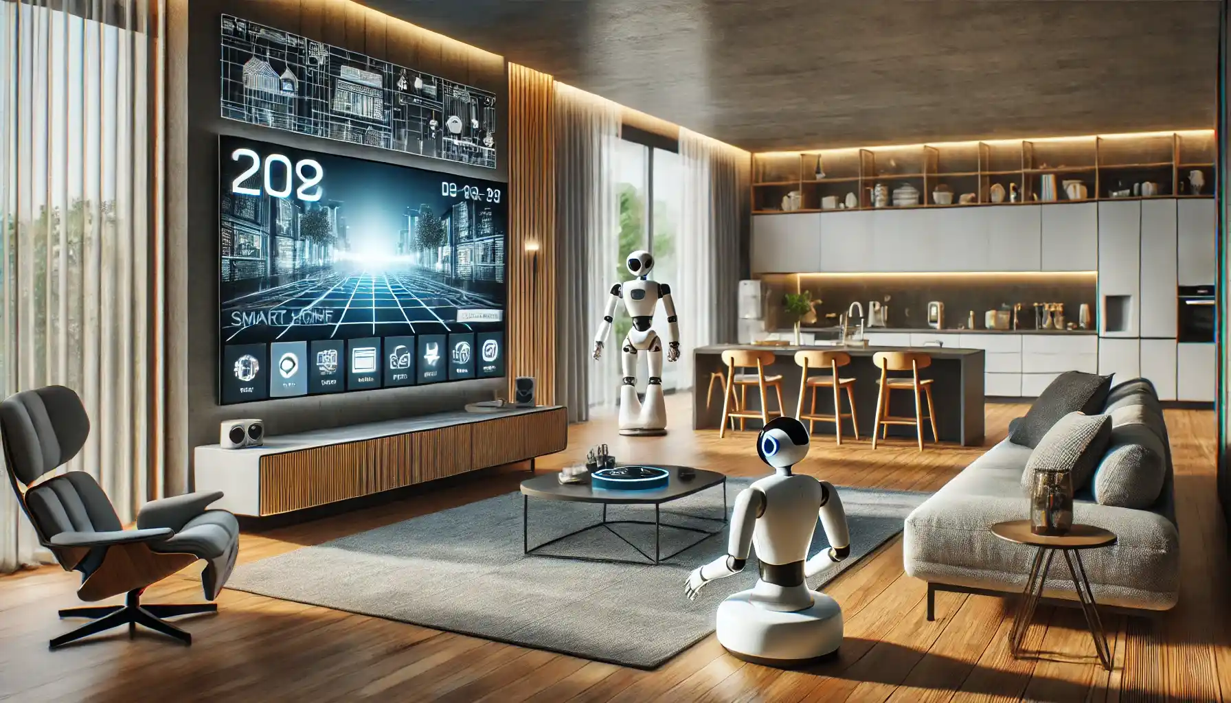 a modern living room featuring advanced smart home technology. The room includes a large, high-resolution smart TV, automated robotic devices performing household chores, and futuristic furniture.