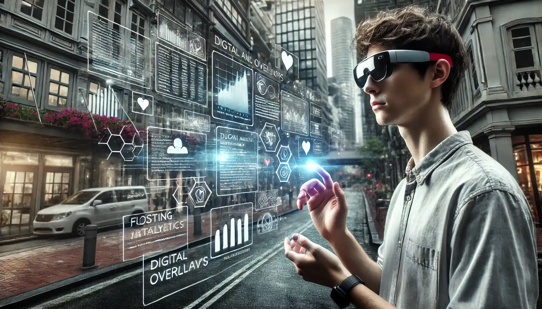 a person wearing augmented reality (AR) glasses, interacting with digital overlays in an urban setting.