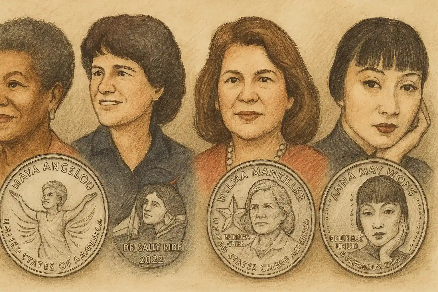Women depicted on quarters and coins devoted to them.