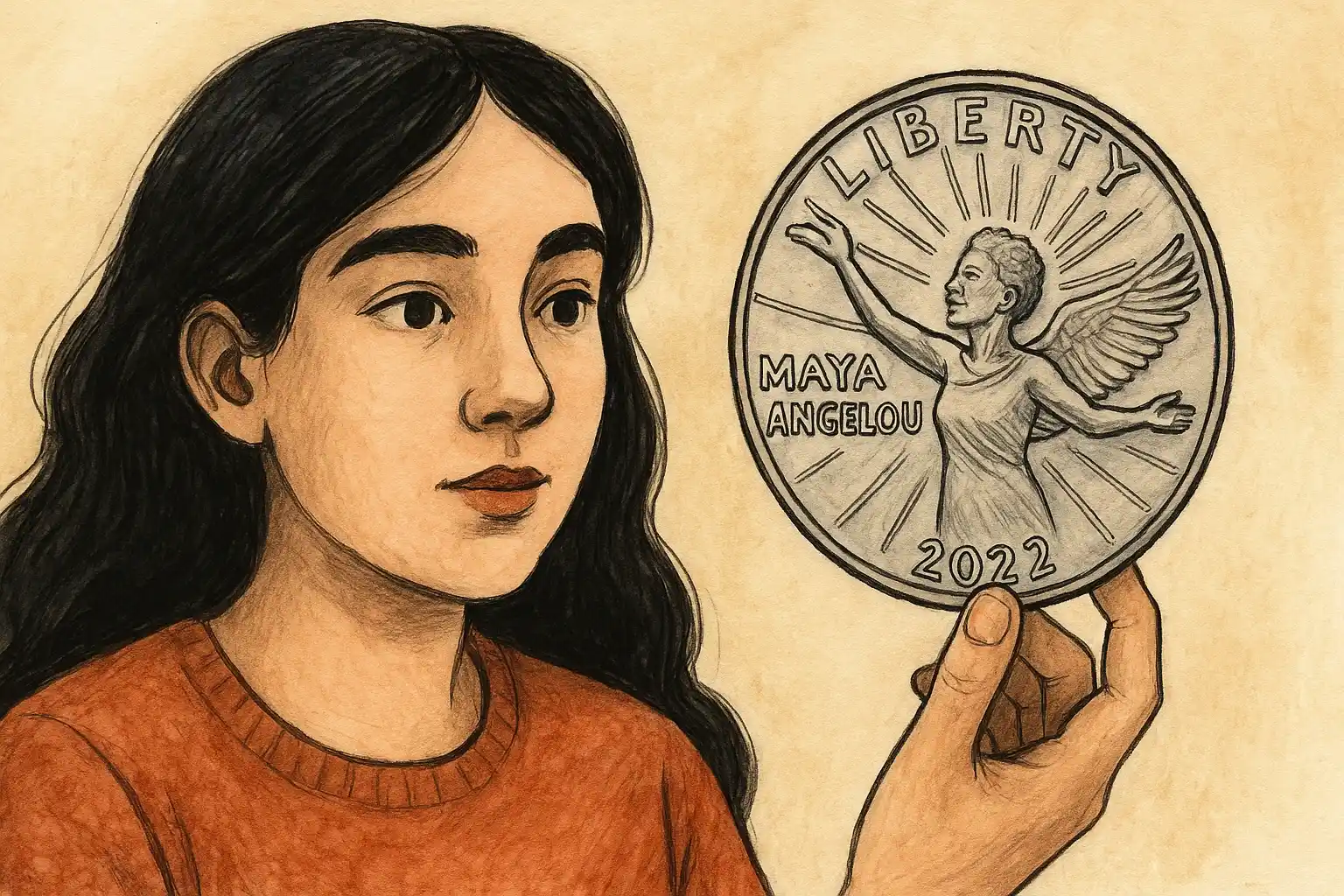 A woman with dark long hair holds a Maia Angelou quarter.