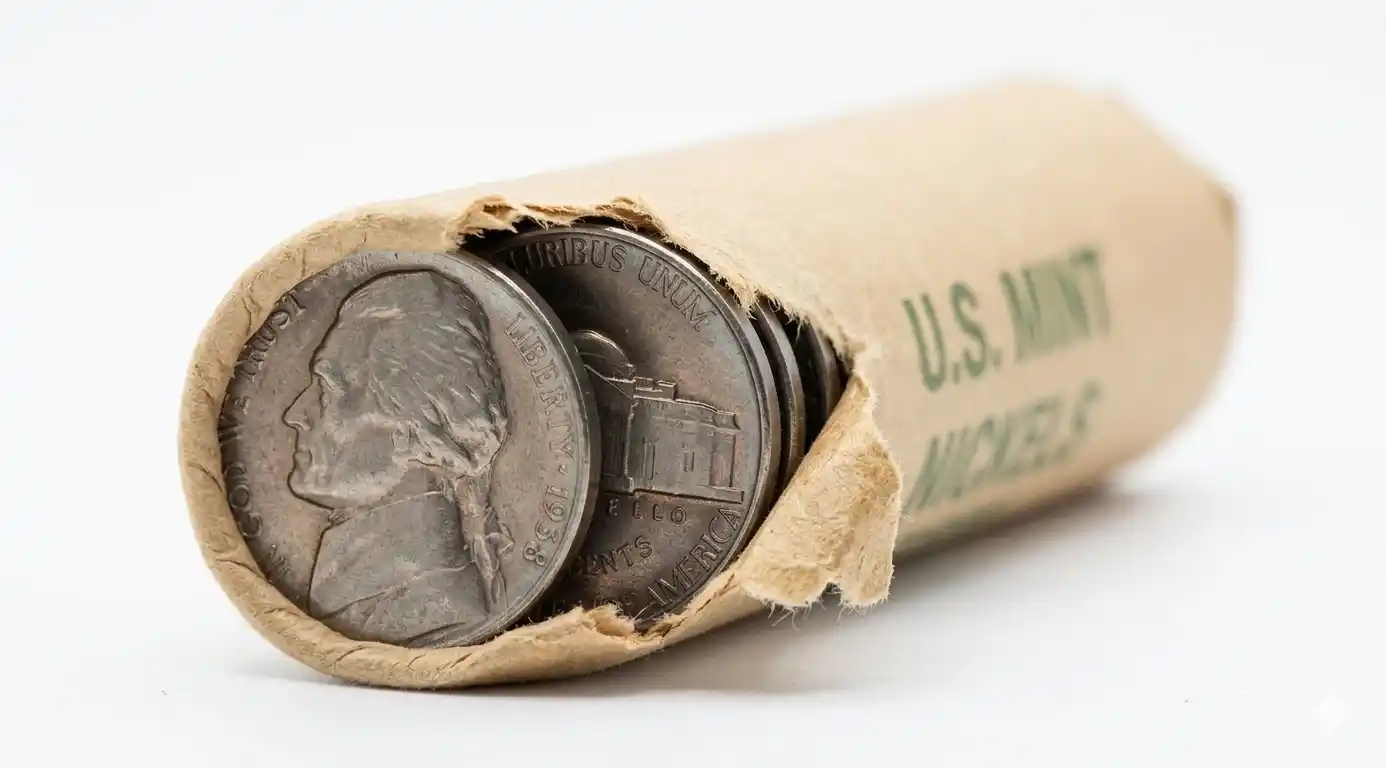 Close-up of US Jefferson nickel roll with coins slightly exposed