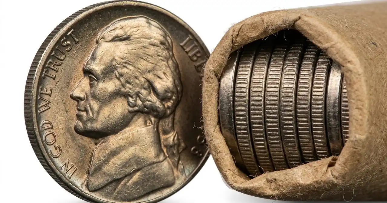 Macro of nickel coin surface and edge beside roll